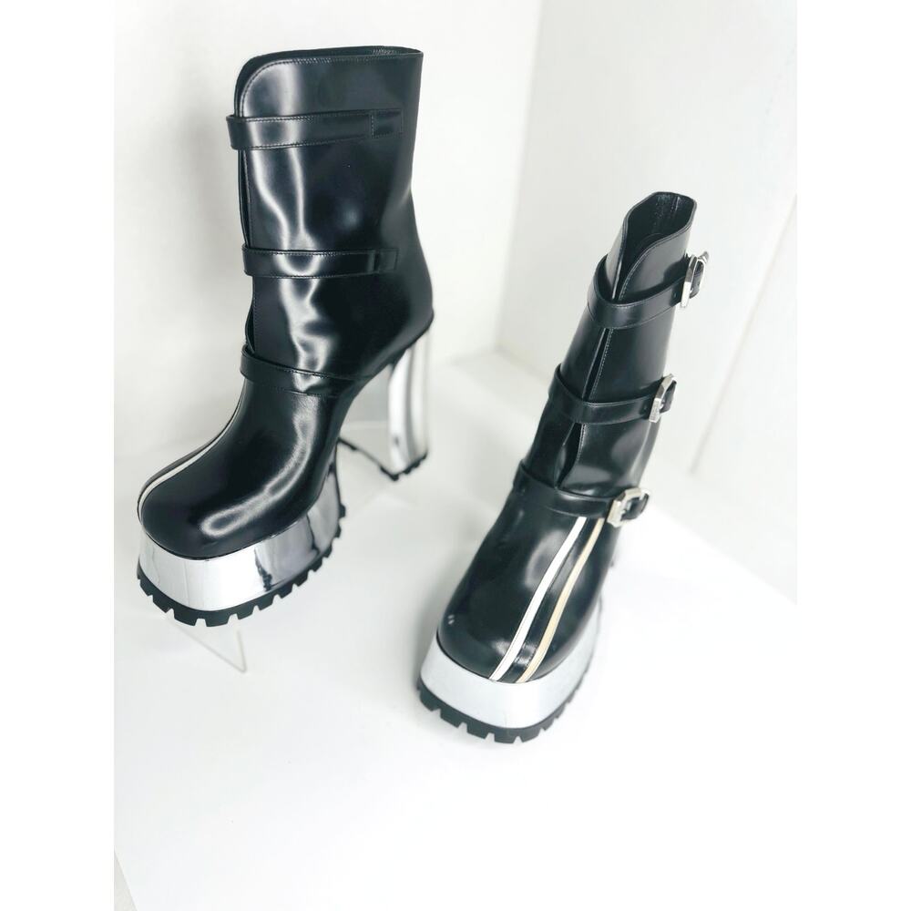 Gucci Platform Ankle Boots Black Leather Stripe Block Heel Chic Size EU 39 - Picture 10 of 12
